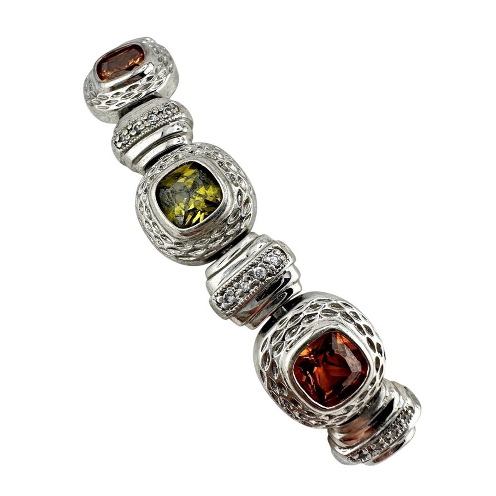 Multicolor Cubic Zirconia Green Orange Chrome Finish Silver Tone 7.25” Bracelet